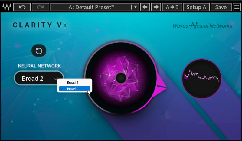 音楽では、NEURAL NETWORK設定を「Broad 2」にしている