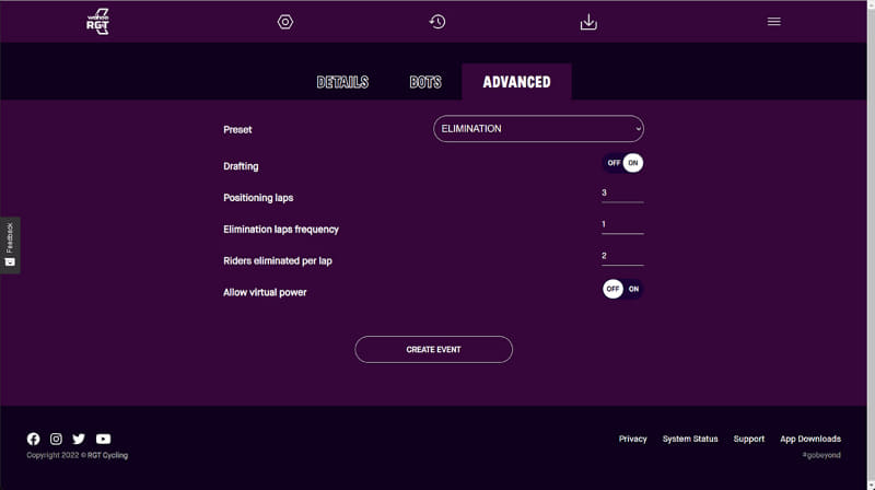 コース選択し、詳細を設定。勝ち抜き式の「ELIMINATION MODE」も設定できる