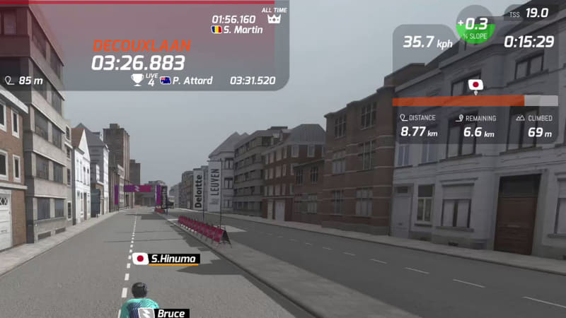 画面右上(場合によっては画面下部)に表示されている勾配表示のところでもスプリント区間が色分けされる