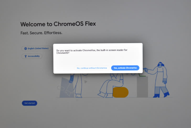 「ChromeVoxをアクティブにするか?」というメッセージが