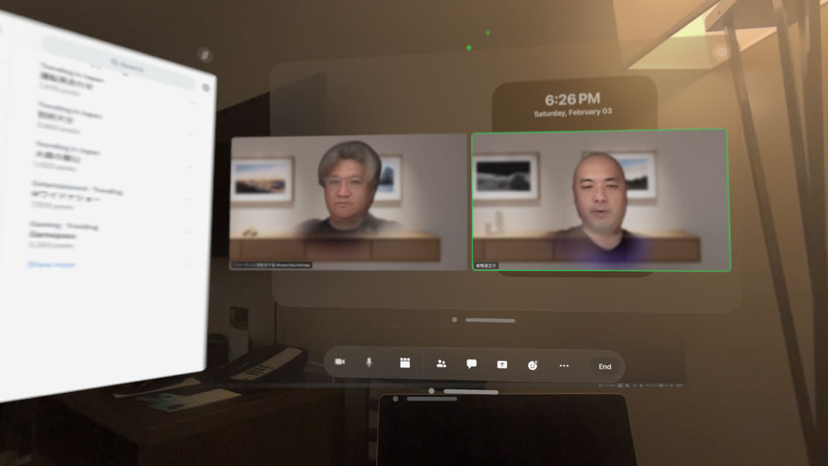 Zoomを使ってVision Pro購入者同士で会話。相手が普通の機器を使っている場合なら、顔は実写になる