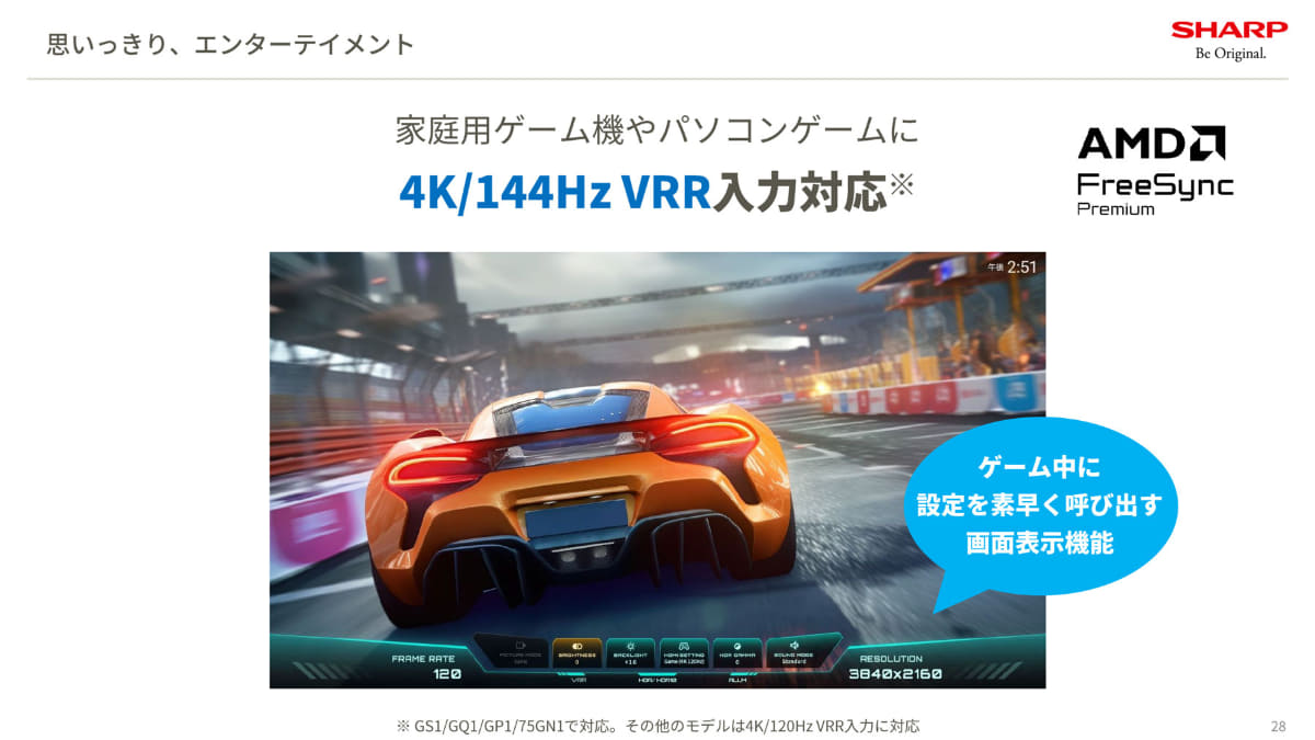 GP1のみ、4K/144Hz VRRをサポートする。中型のGP2は最大4K/120Hzまで