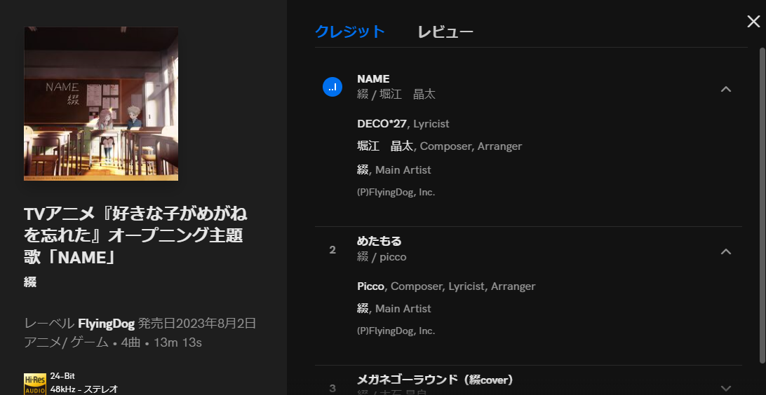 1年以上前の音源でもクレジット充実している