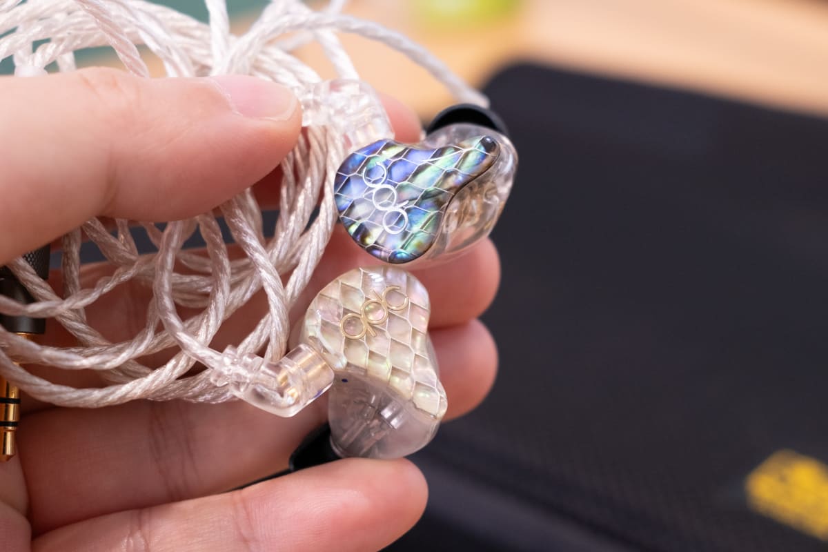 他の人のカスタムIEMも参考にする。右と左で色味を大胆に変えたり、イニシャル入れるのも良いなぁ。悩ましい……