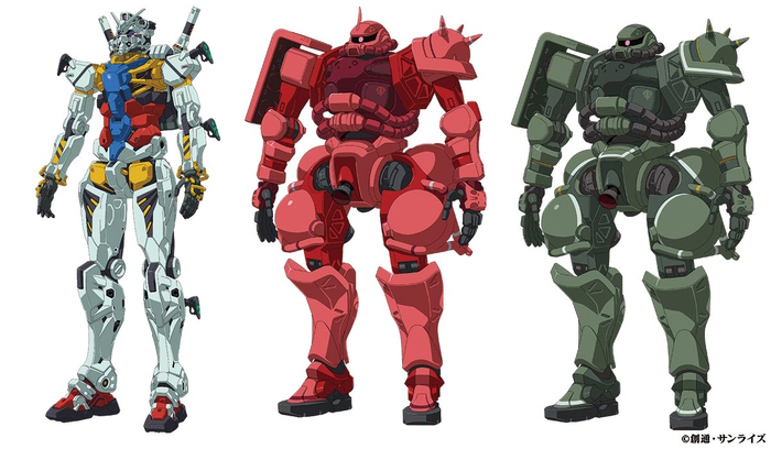 左：白いガンダム(型式番号：RX-78-02)：地球連邦軍の新型モビルスーツ。<br>中央：シャア専用ザク(型式番号：MS-06S)：シャアのパーソナルカラーである赤色にペイントされたモビルスーツ。<br>右：ザク(型式番号：MS-06)：ジオン公国軍の制式量産型モビルスーツ。<br><span class="fnt-70">(C)創通・サンライズ</span>