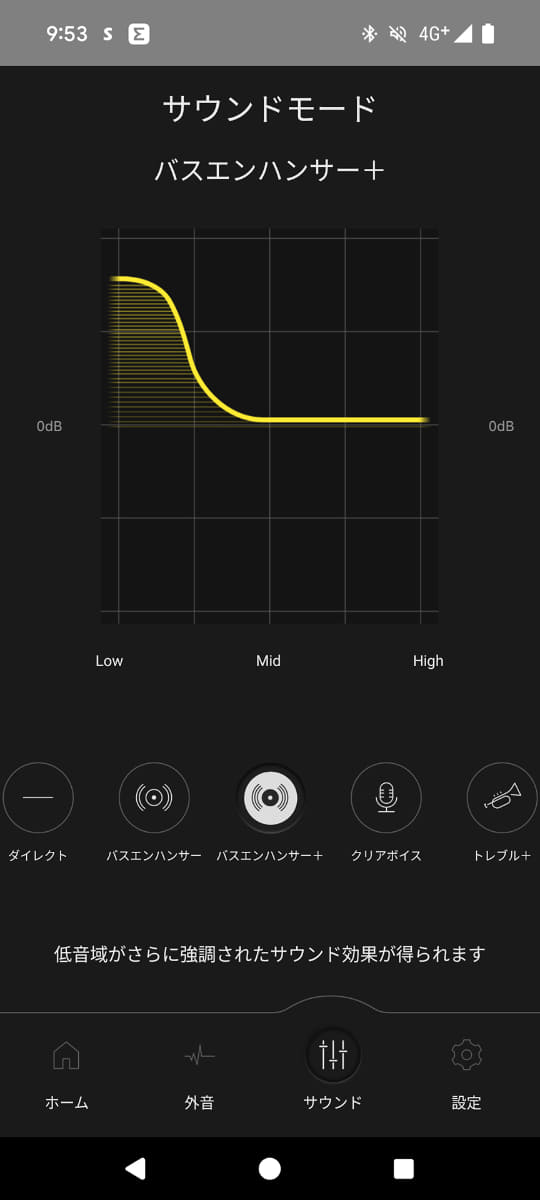 イコライザーの設定では、アイコンを選ぶだけでさまざまな音質を楽しめる。バスエンハンサー＋は低音が強調されて、ロックなどを聴くのにぴったり