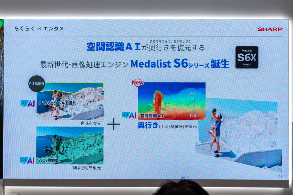 空間認識AI機能は、PCモード以外はデフォルトでONになっている。機能は、[プロ設定]→[アクティブコントラスト]→[効果]の中から、[AI](色味・輪郭・奥行き復元)、[入](色味・輪郭復元)、[切](AI高画質オフ)でコントロールできる