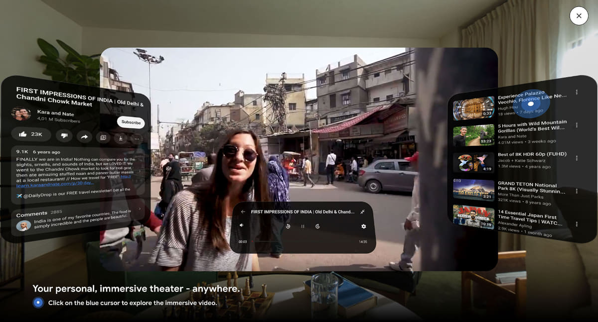 Android XRの公式ページより。Project MoohanのようなデバイスでYouTubeを使うとこのような感じに