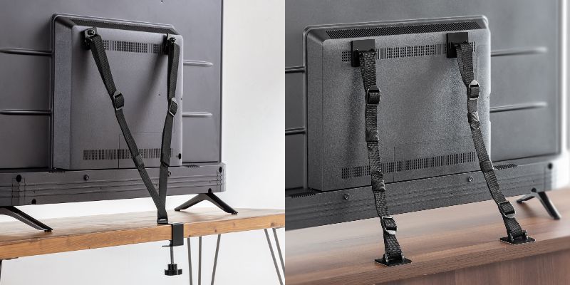 「200-QL021（クランプ固定）」のベルト長は9～62cmまで対応でき、テレビを買い替えてもフレキシブルに対応可能