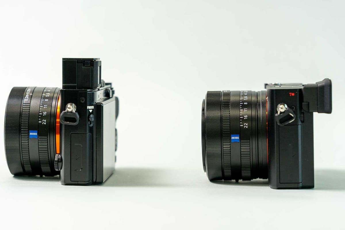 前モデル「RX1R II」(左)と新モデル「RX1R III」。EVFはポップアップ式から固定式に。レンズ部のオレンジ色のリングは目立ちにくくなった