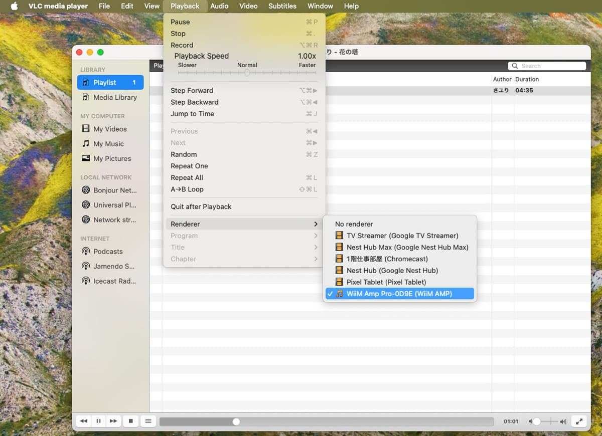 macOSはVLCなどのプレーヤーを使うとWiiM Amp Proをレンダラーとして指定できる