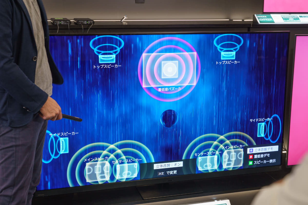 バンディングノイズの除去、ネット動画高画質化、アニメでの顔検出、Dolby Atmosのの音響デモなどがわかりやすく体験できる、店頭デモモードも用意されている