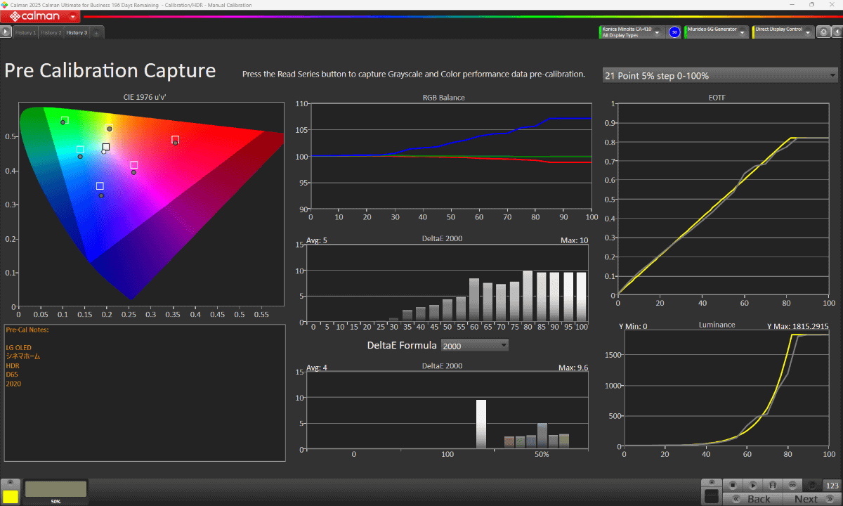 映像モード「シネマホーム」(デフォルト時)における、Calman Ultimateでの測定結果<br><span class="fnt-70">ターゲットは「白色点：D65」「カラースペース：BT.2020」「EOTF：SMPTE 2084(PQ)」</span>