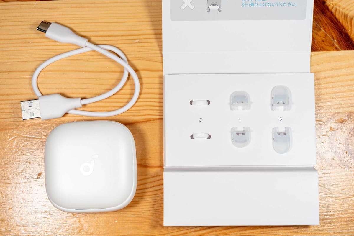 付属品。イヤーウィングは0～3の4種で、2は装着済み