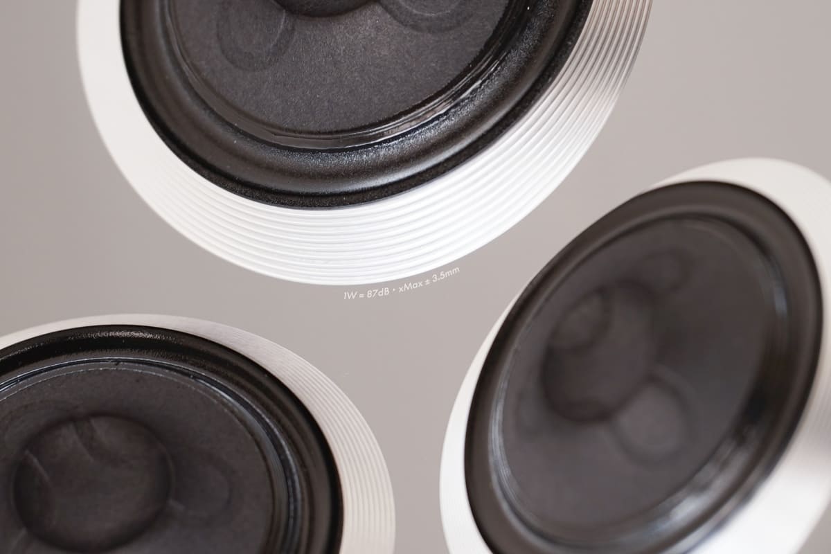 小さな白い字で、ドライバーの音響スペックをレーザー刻印している