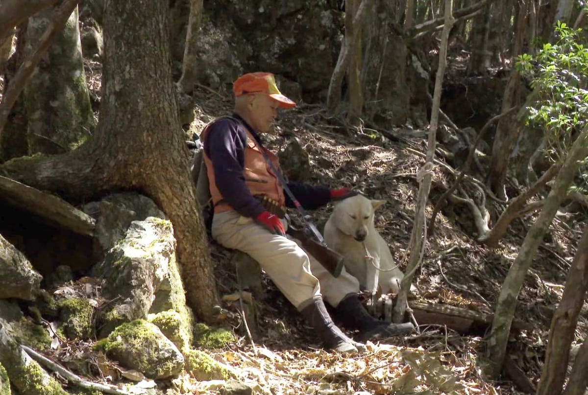 犬と共に猟をする岩崎康道さん