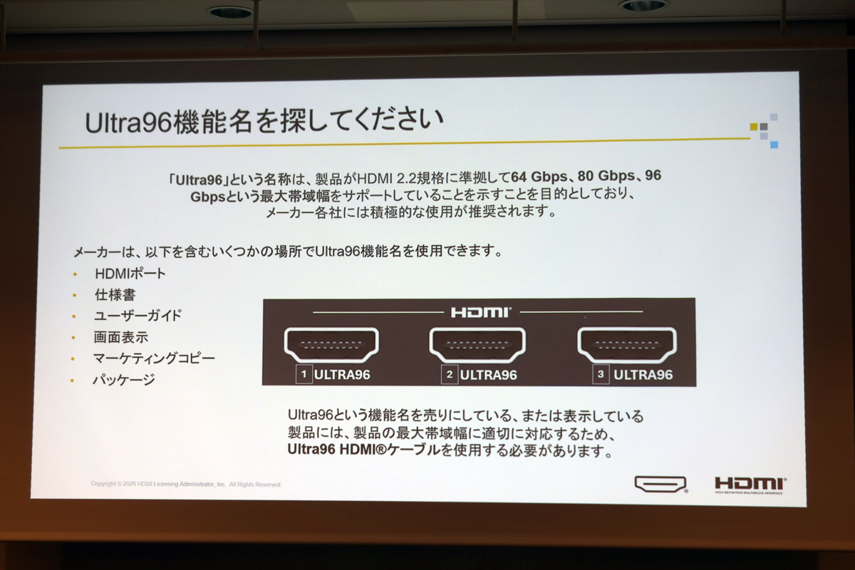 ULTRA96ケーブルが必要になるHDMI 2.2対応機器のポートにも、“ULTRA96”のマークが印字される