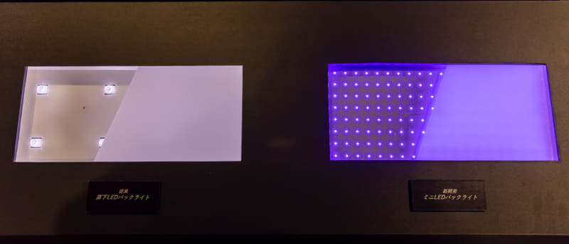 テレビに採用される一般的な白色LED(左)と、青色ミニLED(右)との実層密度の比較。従来は5cm～10cm以上あったLED実装ピッチが、ミニLEDでは1cm～3cmになった
