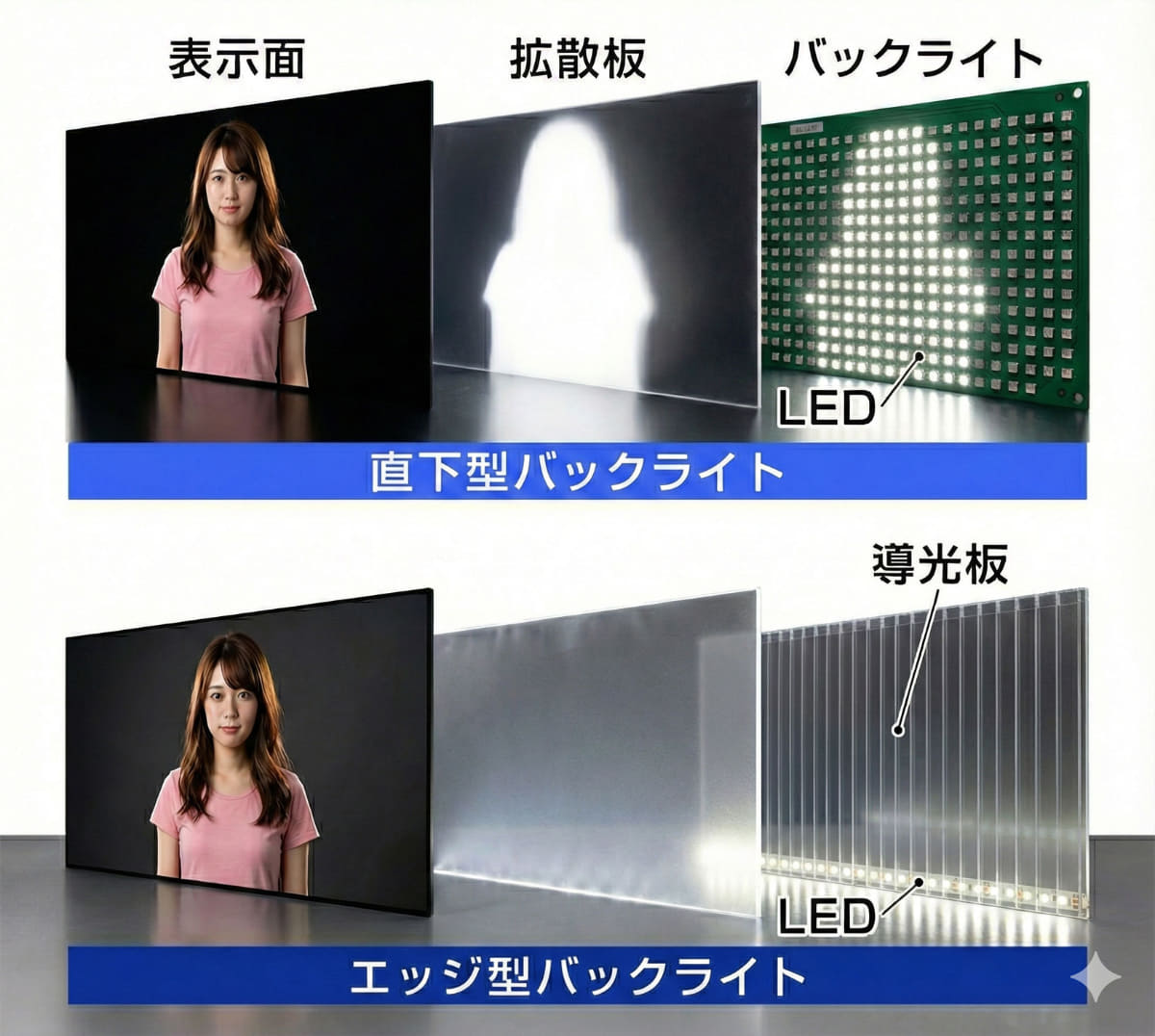 エリア駆動に対応できる「直下型バックライト」と、対応できない「エッジ型バックライト」。エントリークラスの液晶テレビは、今でも、下のエッジ型バックライトを採用している。直下型バックライトシステムでは、背景の黒が締まって見えるが、エッジ型は黒背景がやや明るく浮いて見える。その違いは、バックライトの光らせ方にあるのは一目瞭然