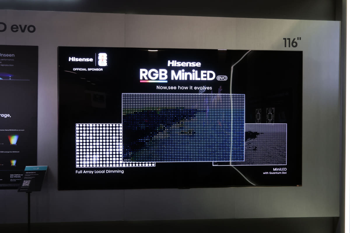 ハイセンスブースで示されていた従来の「LEDベースの直下型バックライト」(左下)と、「ミニLED×量子ドット」(右下)と、「RGBミニLED」(中央)のイメージ。バックライトの光が既にフルカラーとなるのがRGBミニLEDの特質だといえる