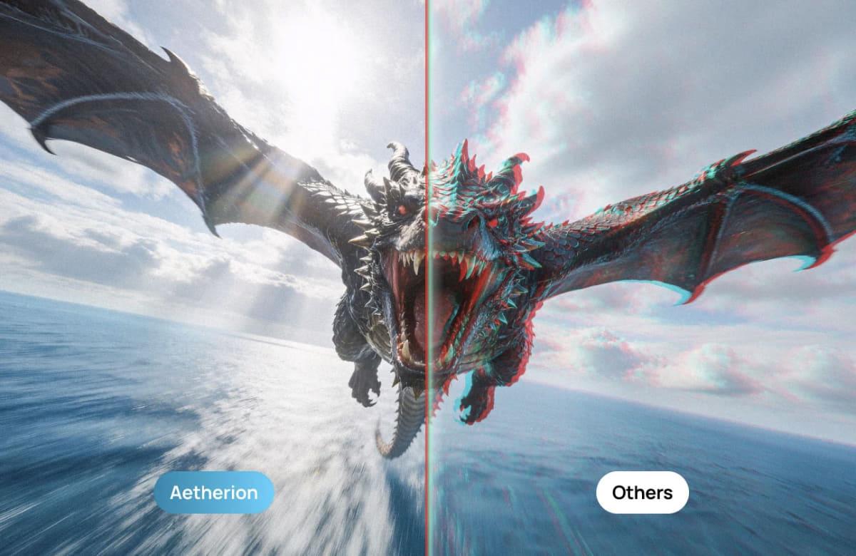 Anti-RBE技術効果のイメージ。右はドラゴンの輪郭などに虹色のレインボーノイズが発生しているが、左は低減されている