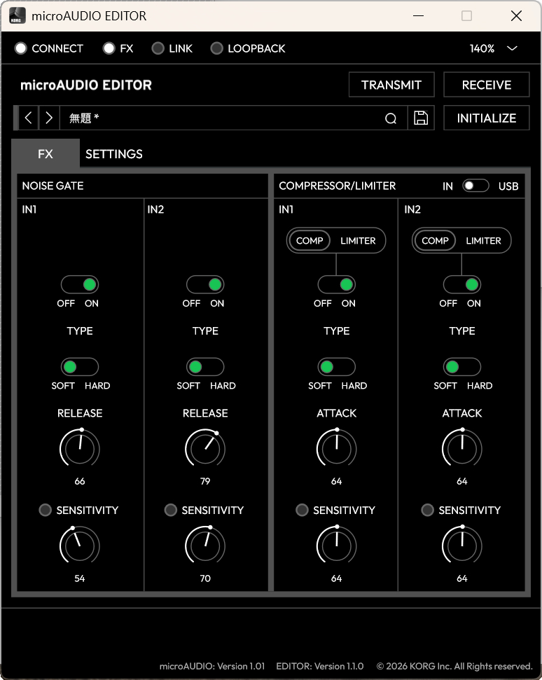 microAUDIO 22を接続した場合の「microAUDIO EDITOR」