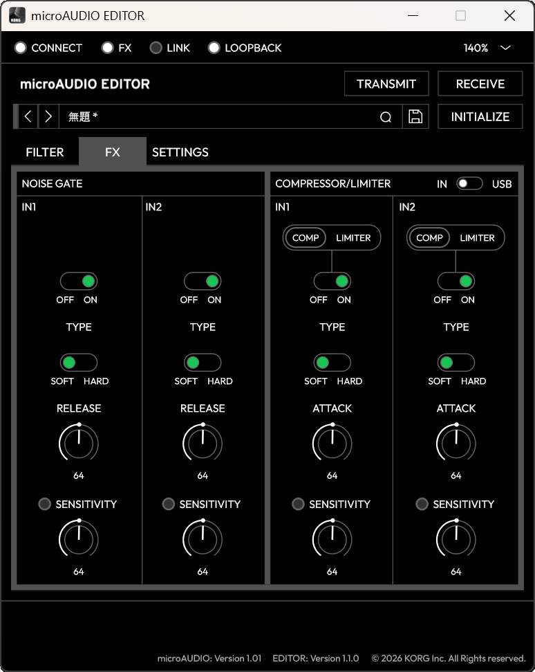 microAUDIO 722を接続した場合の「microAUDIO EDITOR」