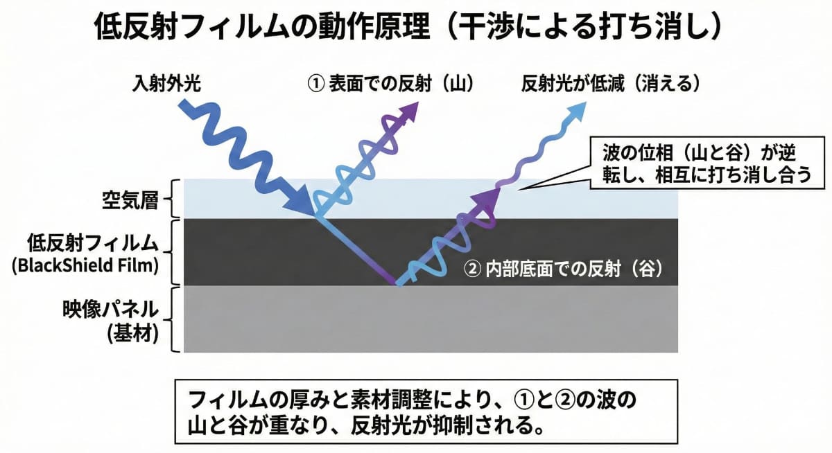 反射低減フィルムの基本原理。実際には屈折率と厚みの異なる複数のフィルム素材の多層構造とする。こうしたフィルムの設計にはコンピュータシミュレーション(CAE)が活用される