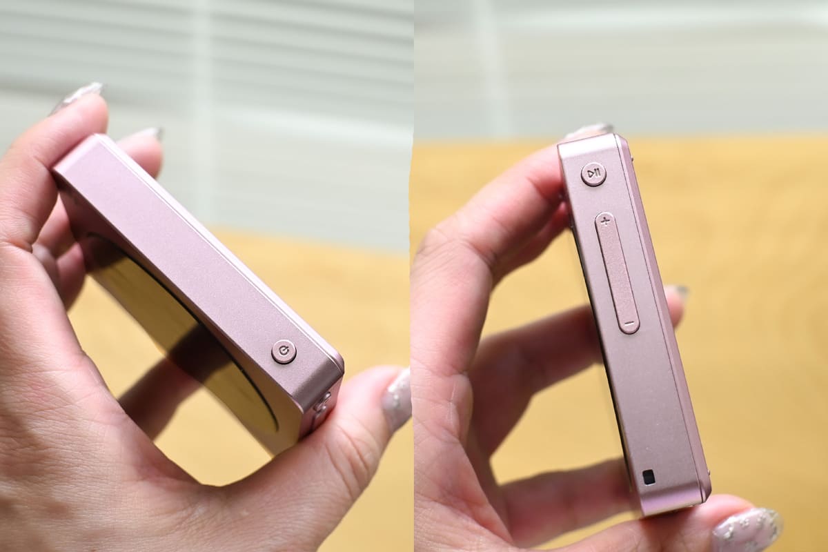左：本体上部の電源ボタン、右：本体右側面の再生/一時停止と音量上下ボタン