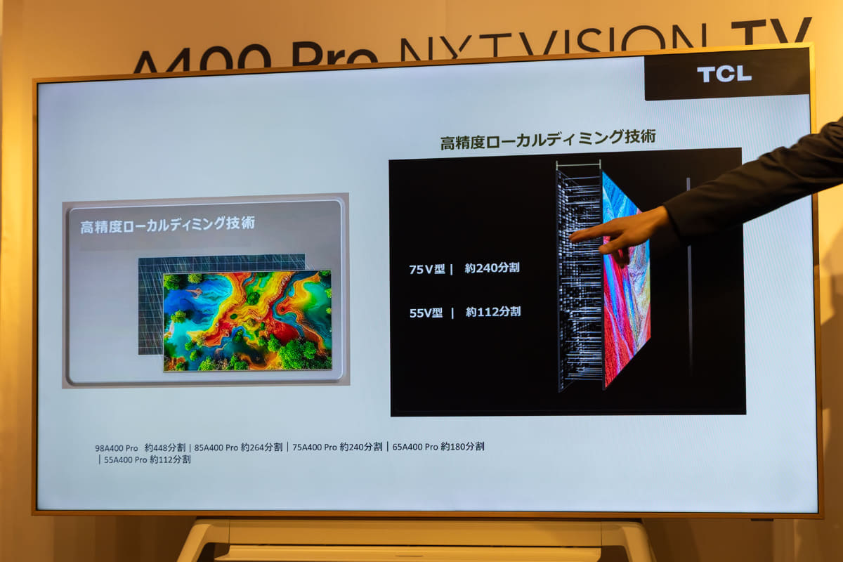 A400 Proは、ミニLEDバックライト×量子ドットを搭載。75型は約240分割、55型は約112分割のローカルディミングが可能