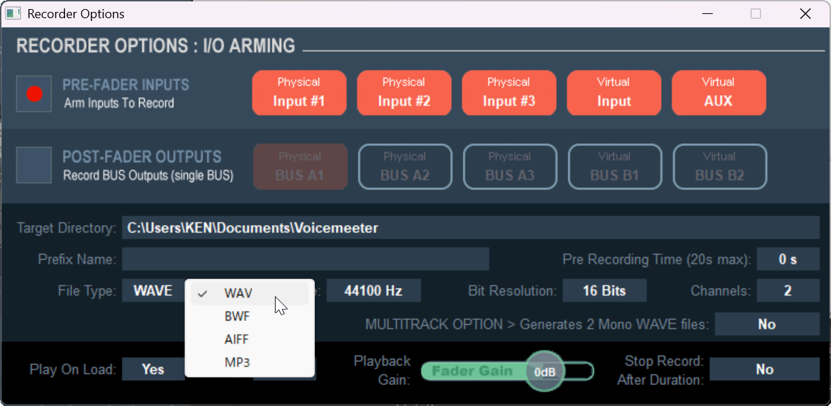 Voice Meeter Bananaの録音設定画面で「WAV」に変更