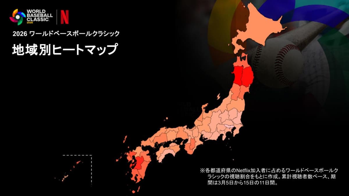 地域別の視聴状況。地域におけるNetflix加入者のうち、WBCを視聴した人の割合によるヒートマップ