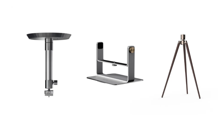 スタンドは、ウォールナット三脚スタンド、デスクトップジンバルスタンド、天井取付用ブラケットから選択可能