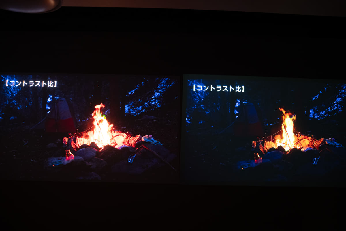左がAladdin X3 Laser 4K、右がAladdin X2 Light。明るさ、色の鮮やかさに加え、黒の沈み方や、コントラストの違いもわかる