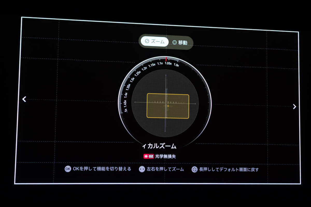 光学式の1.5倍電動ズームレンズを搭載する。写真はズーム調整の様子。デジタルズームにも対応しているが、画質劣化のない光学ズームの使用範囲では「光学無損失」のメッセージが出続ける。これはありがたい
