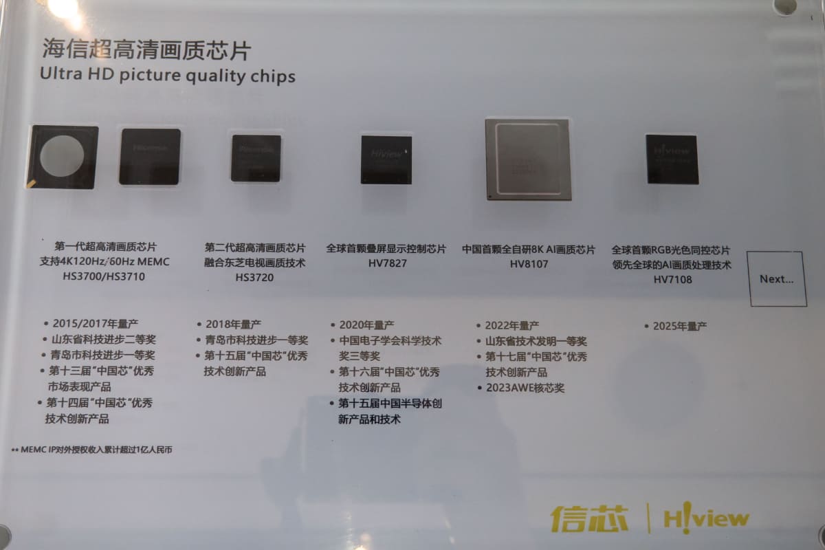 最新の信芯(Hi-View)プロセッサーは、現在発売されているハイセンスのテレビにも搭載されている。写真右端のチップは、RGBミニLEDバックライトを制御するための専用エンジン
