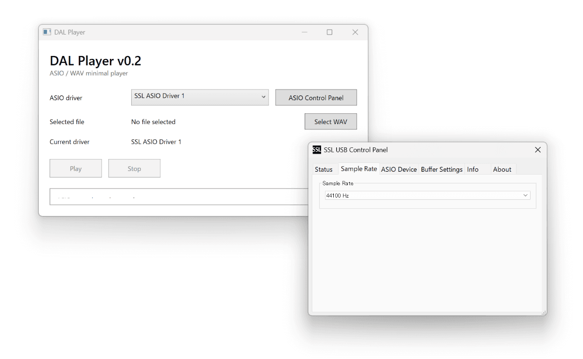 ASIO Control Panelボタンを押すと、ASIOドライバの設定画面が開いた