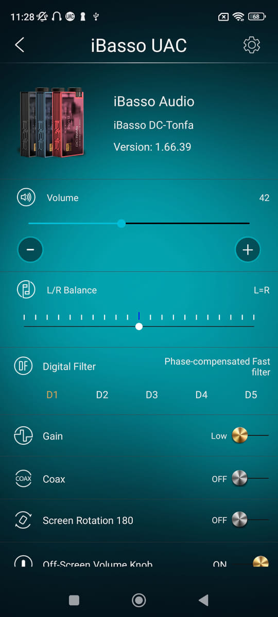 Androidアプリ「iBassoUAC」。デジタルフィルター、Gain調整、チャンネルバランス調整などの各種設定の閲覧と変更が可能