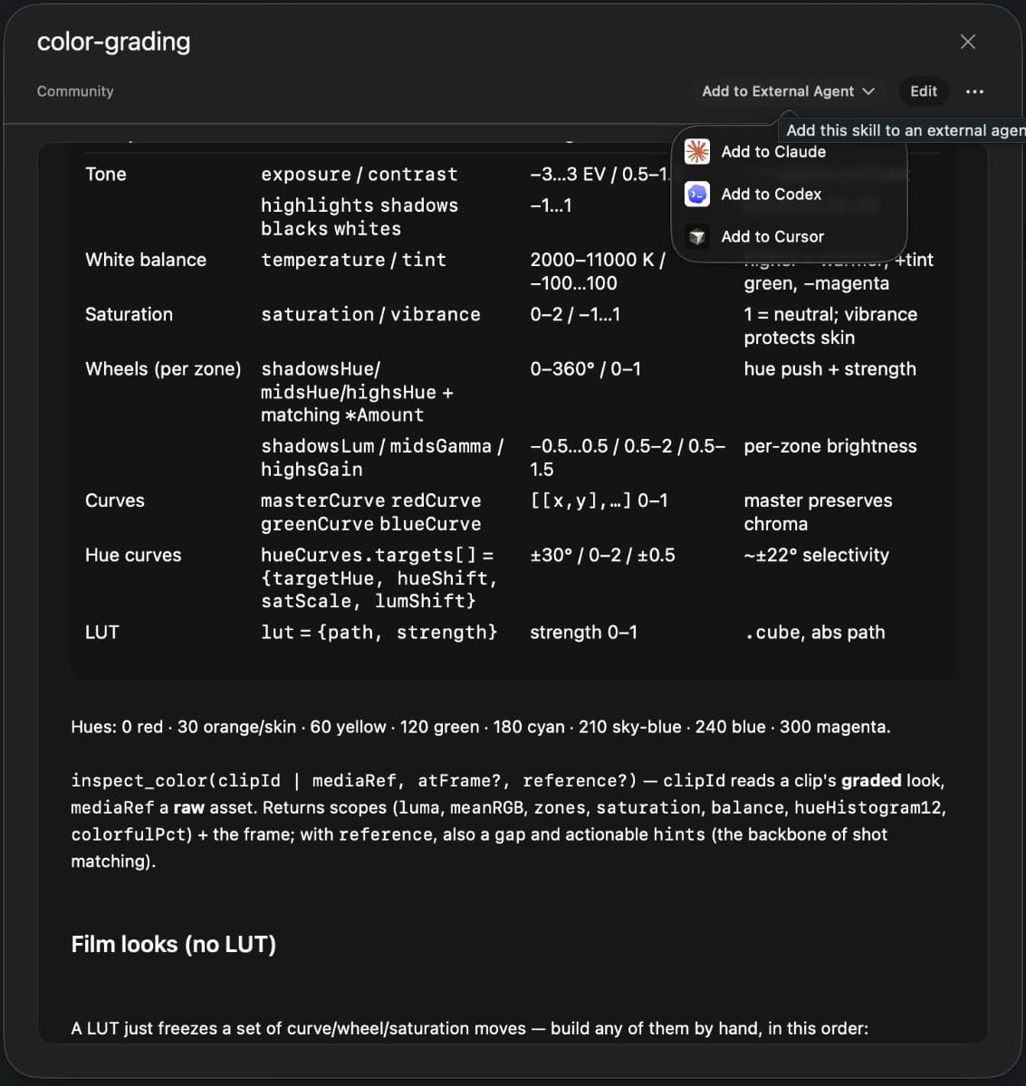 カラーグレーディングのスキルをCursorに追加