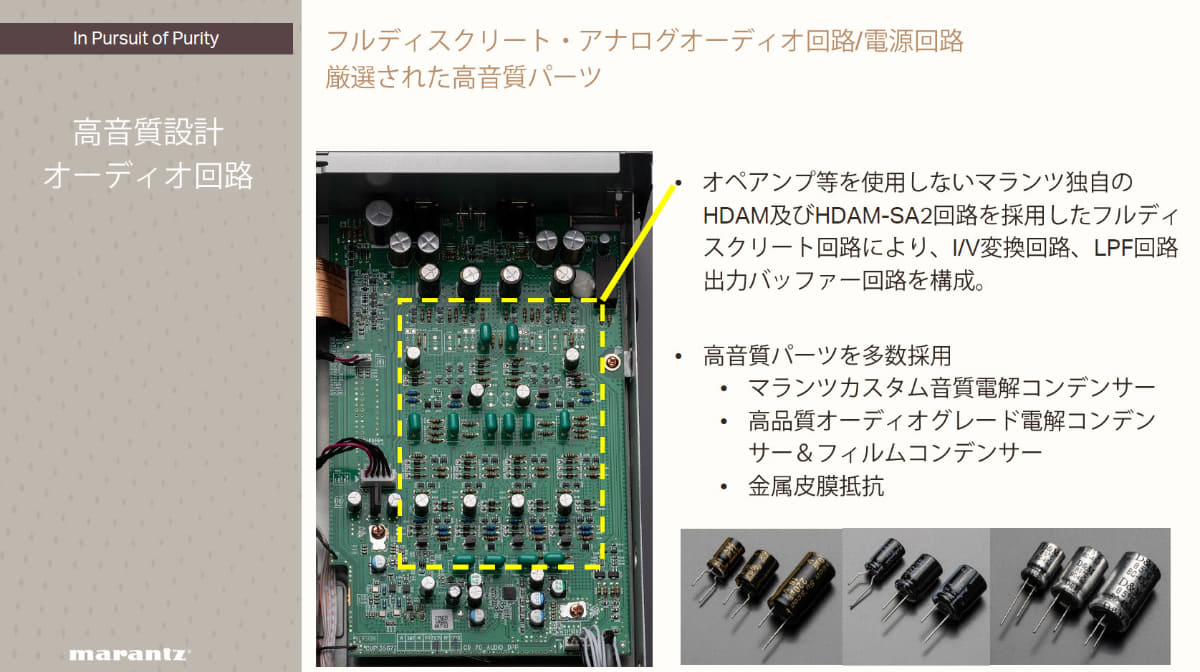 DAC以降のアナログステージは、マランツ独自の高速アンプモジュールHDAM、HDAM-SA2を用いたフルディスクリート回路で構成