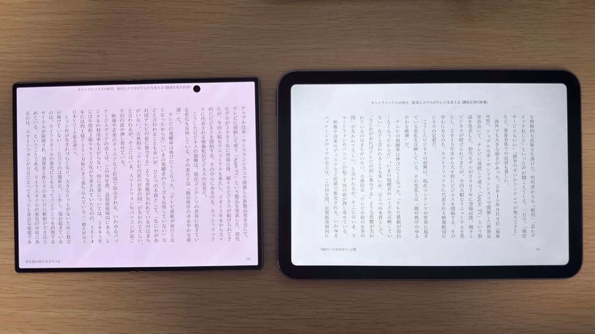 Fold8(左)とiPad mini(右)。サンプルには、拙著『ネットフリックスの時代』を利用