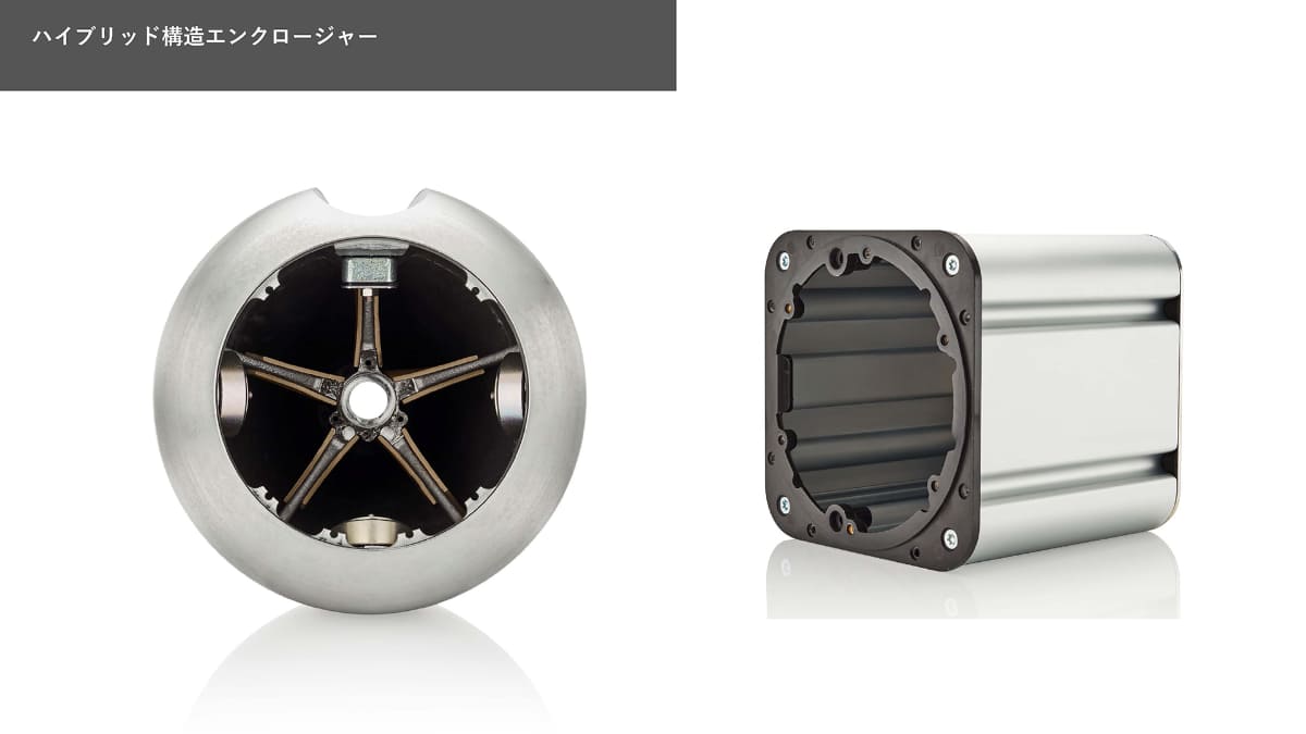 左は上位モデルのタービンヘッド。右が804 D5のミッドレンジ用アルミ押し出しインナーケース
