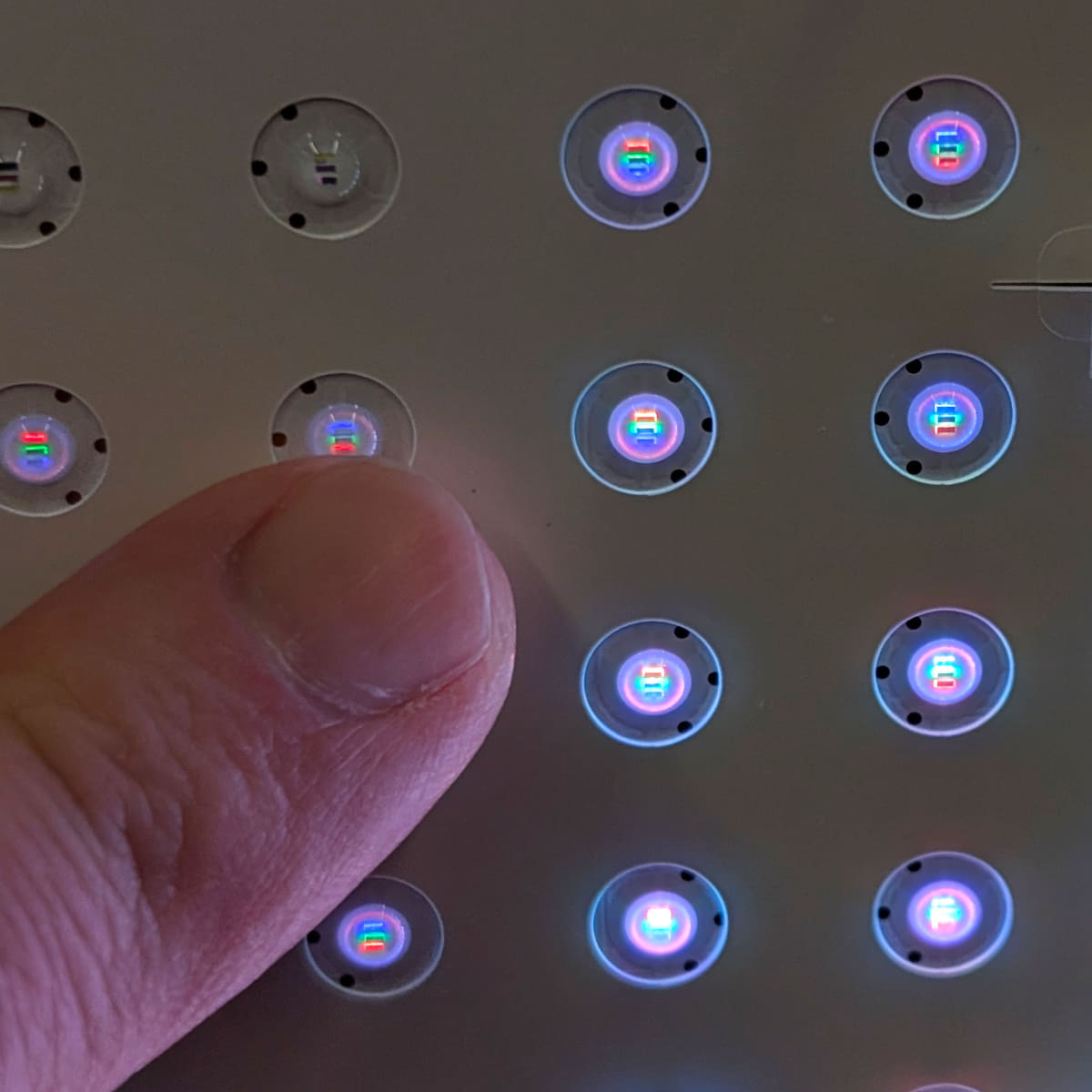 こちらが'26年モデルで採用されているRGB Mini LEDチップ。人差し指とRGB Mini LEDチップの大きさを比べると、非常に小さい