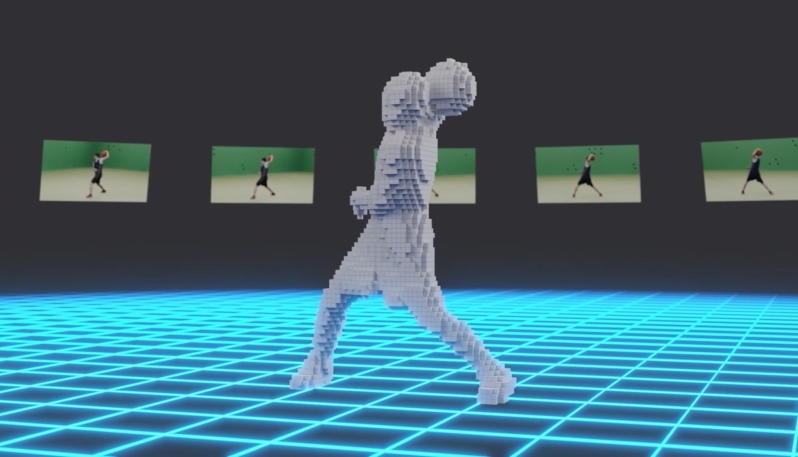 3Dデータ化のイメージ。複数視点の映像を使い、被写体以外を削り取るようにして3D化する