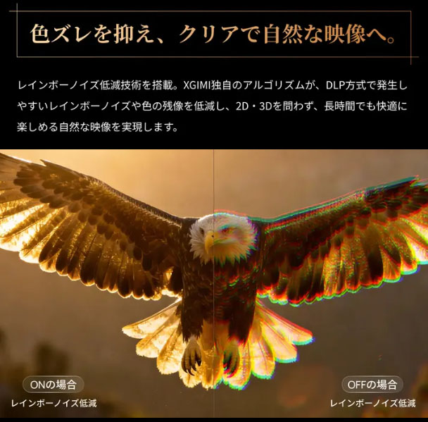 Anti-RBEテクノロジー効果のイメージ。右のように、輪郭などに虹色のノイズが出るDLP特有のカラーブレイキングを、左のように低減できる