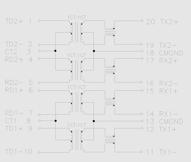パルストランスモジュールの内部結線。TXは送信、RXは受信。ひとつのLANポート、LAN端子にはその一対が2組ある。空ポートのノイズ対策用ターミネーターとして使う場合は通電しないのでこの接続関係だけ拝借する。抵抗を組み合わせる方式よりトランスで受ける方が本式に思える。直流に近いところまで終端できるからだ