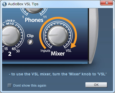 「AudioBox VSL Tips」画面右端のツマミ「Mixer」を一番右に回すように表示される