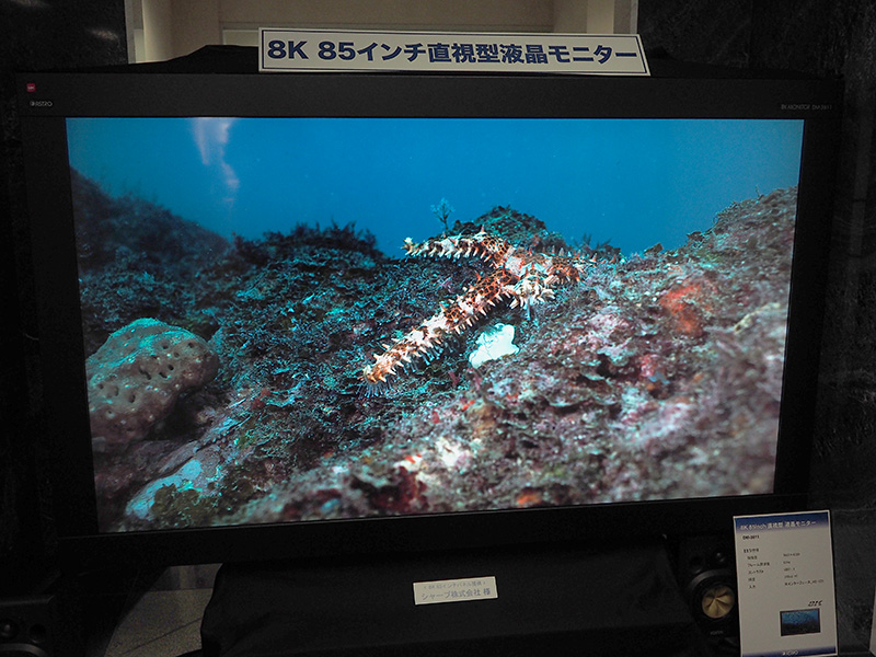 シャープのUV2Aパネルを使った、85型8K液晶モニタで8Kの海中映像などをデモ再生