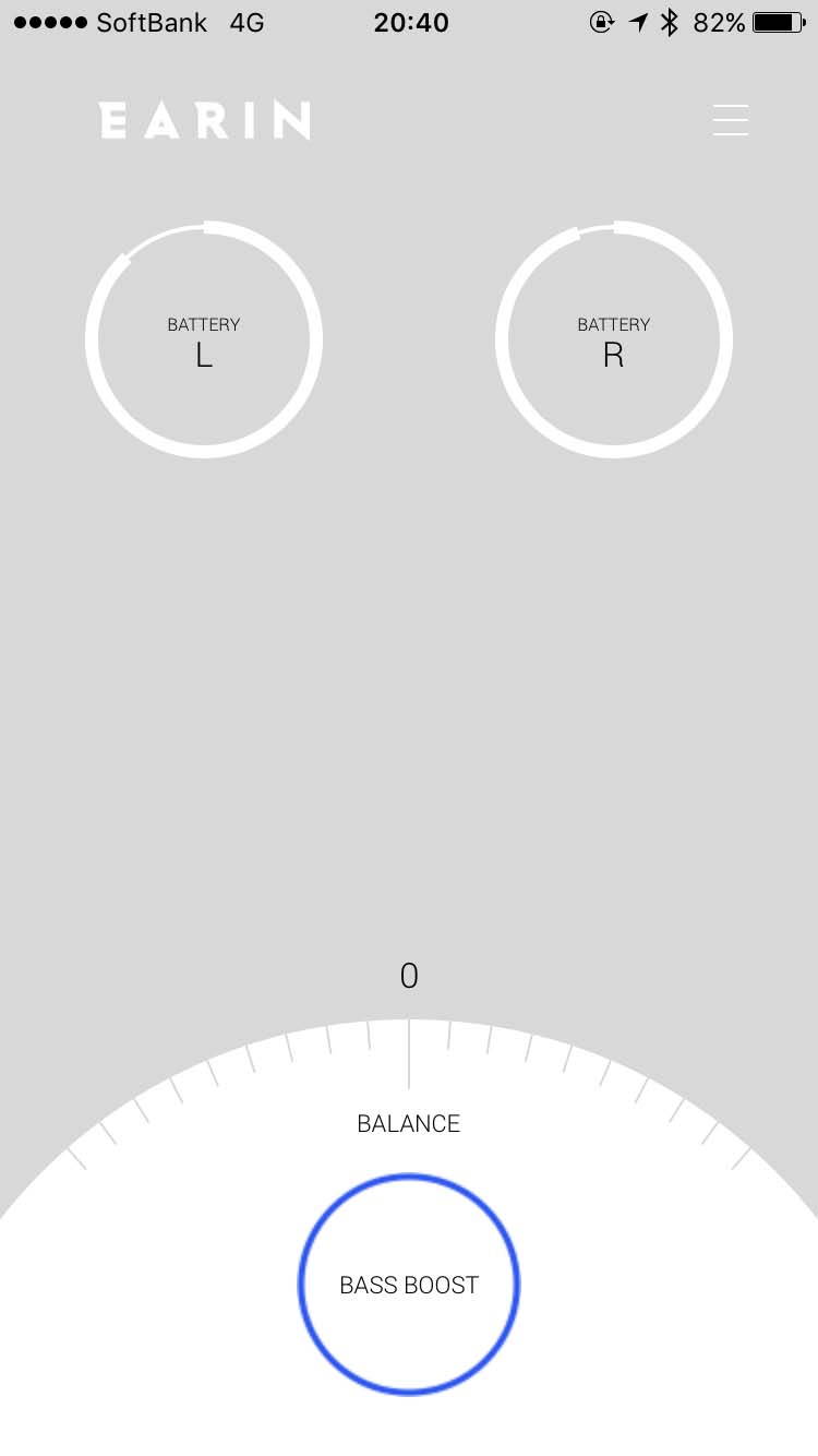 アプリの「EARIN」。BASS BOOSTやバッテリ残量を選択