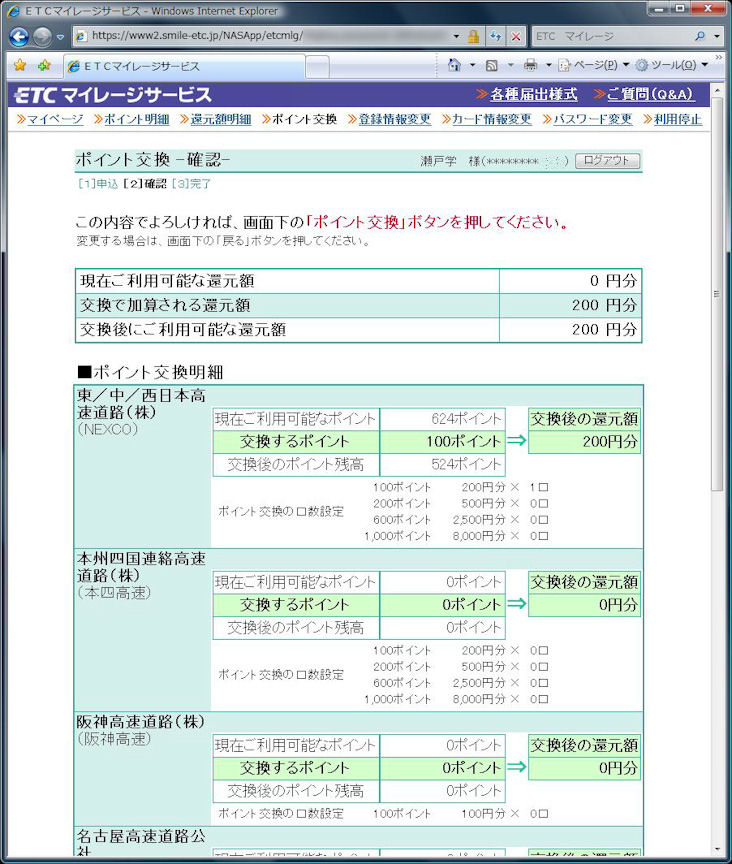 NEXCO分の100ポイントは200円分に還元される。還元された無料通行分はどの道路会社でも利用できる